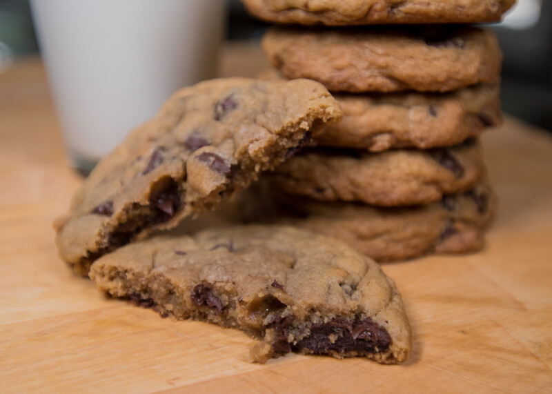 stack of gooey chocolate chip cookies