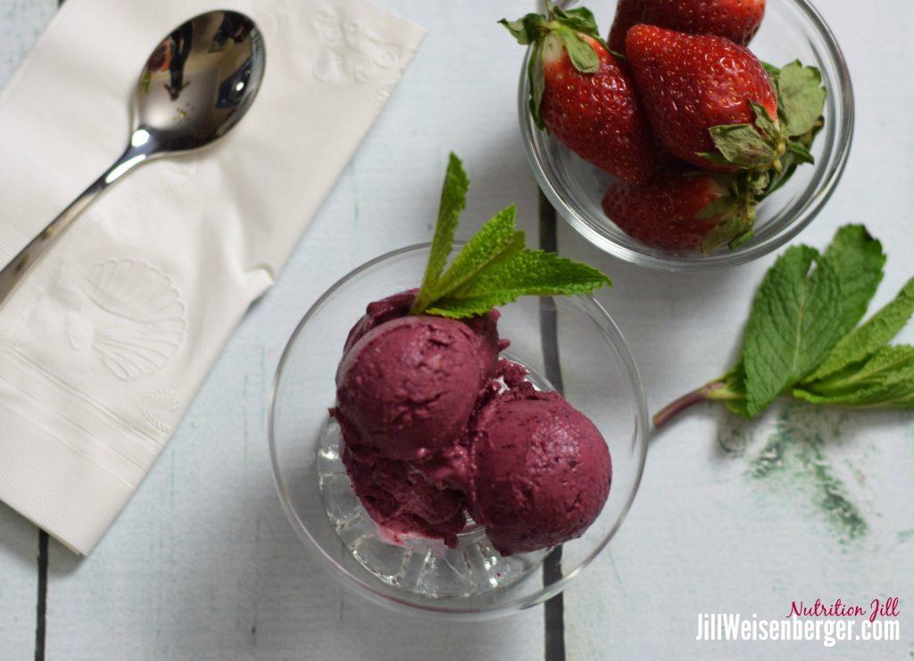 Mixed Berry Frozen Yogurt in Glass Bowl with Mint