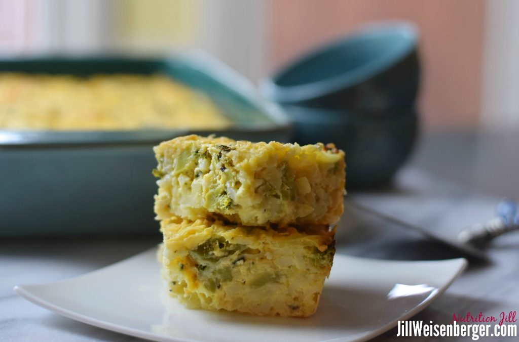 Healthy hashbrown casserole stacked on plate