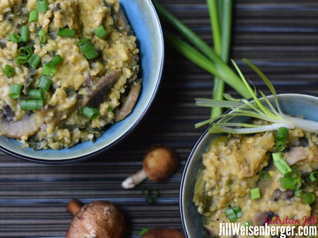 Healthy Savory Oats and Lentils Recipe in Bowls Overhead