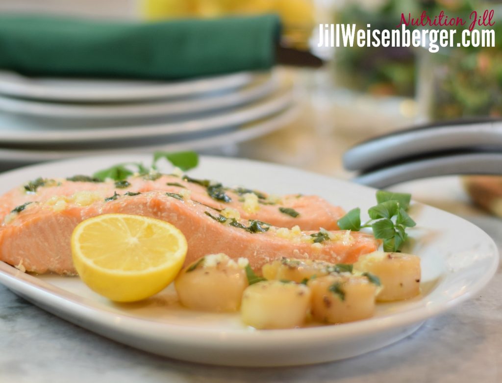 There are lots of healthy fats in salmon. Try my easy lemon basil sauce.