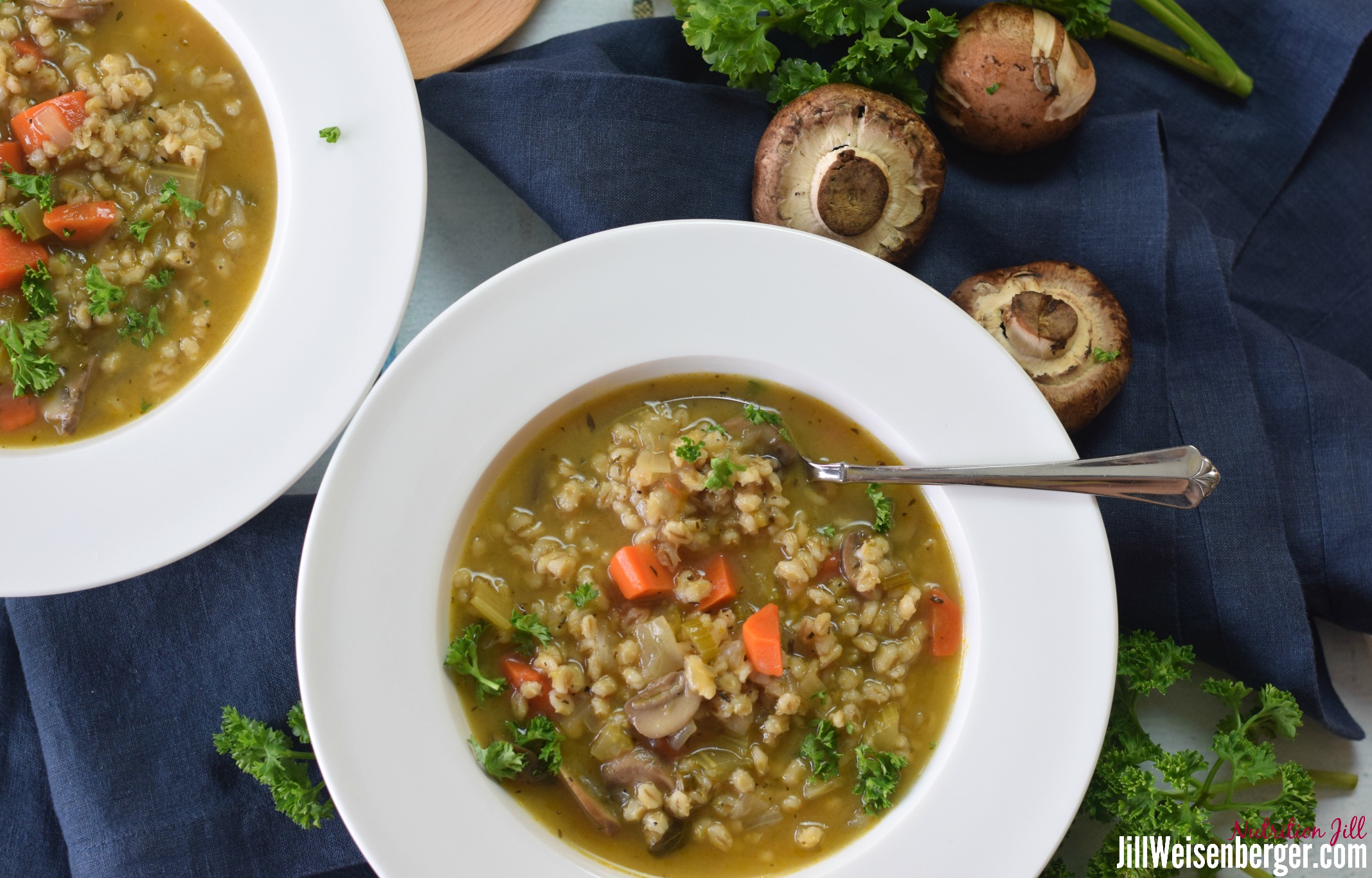 Mushroom barley soup recipe overhead shot