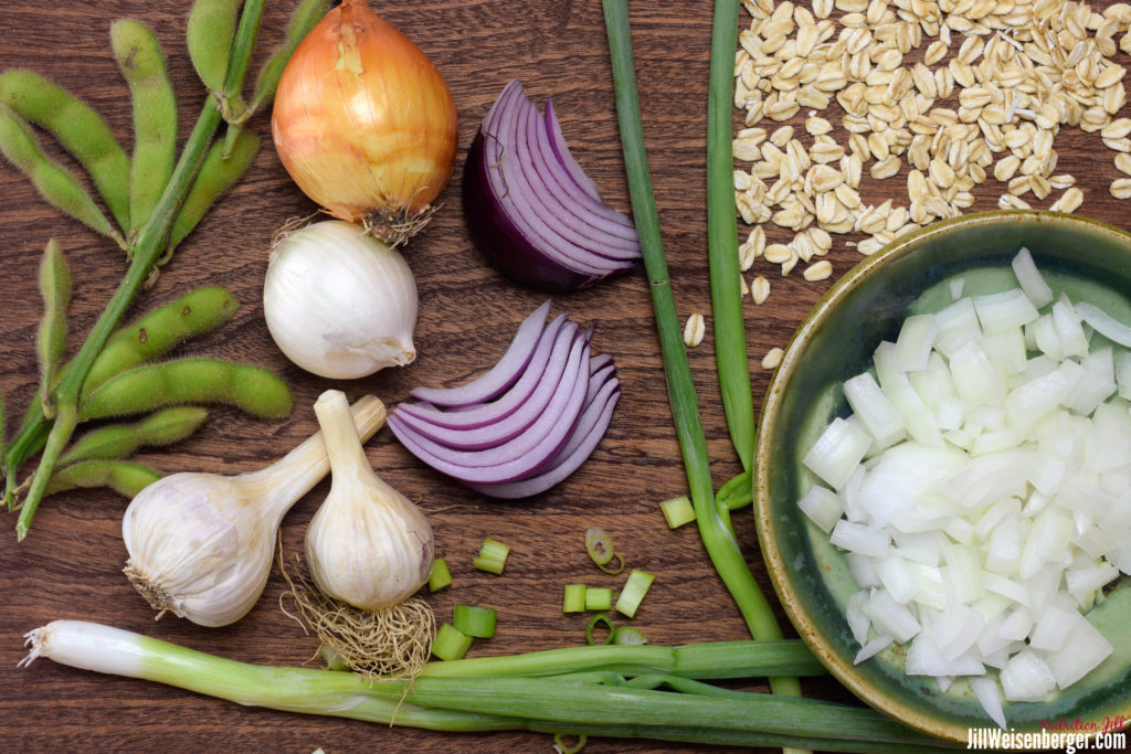 Prebiotic food sources including onions, garlic, oats and edamame