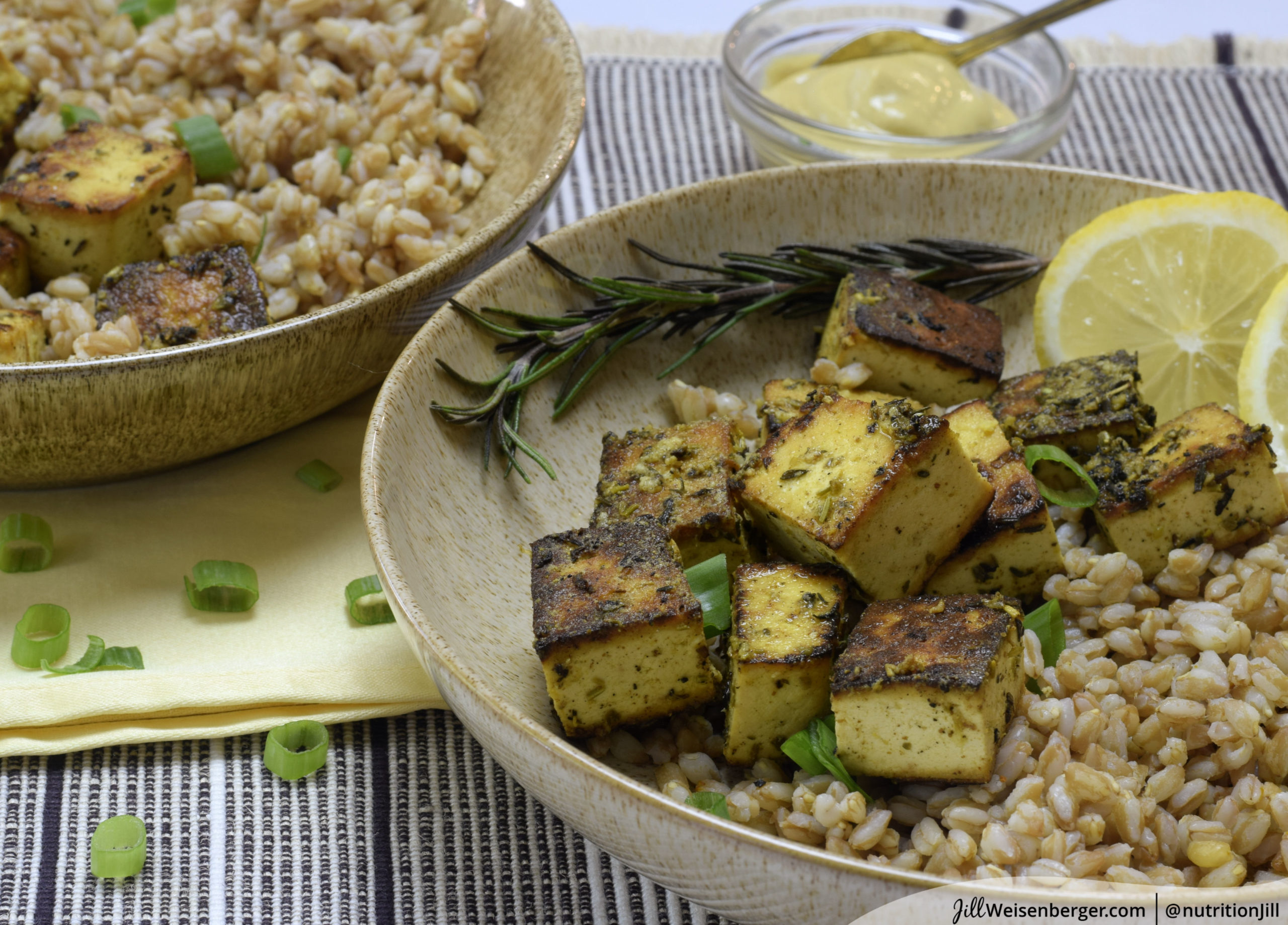 lemon mustard tofu with herbs and farro