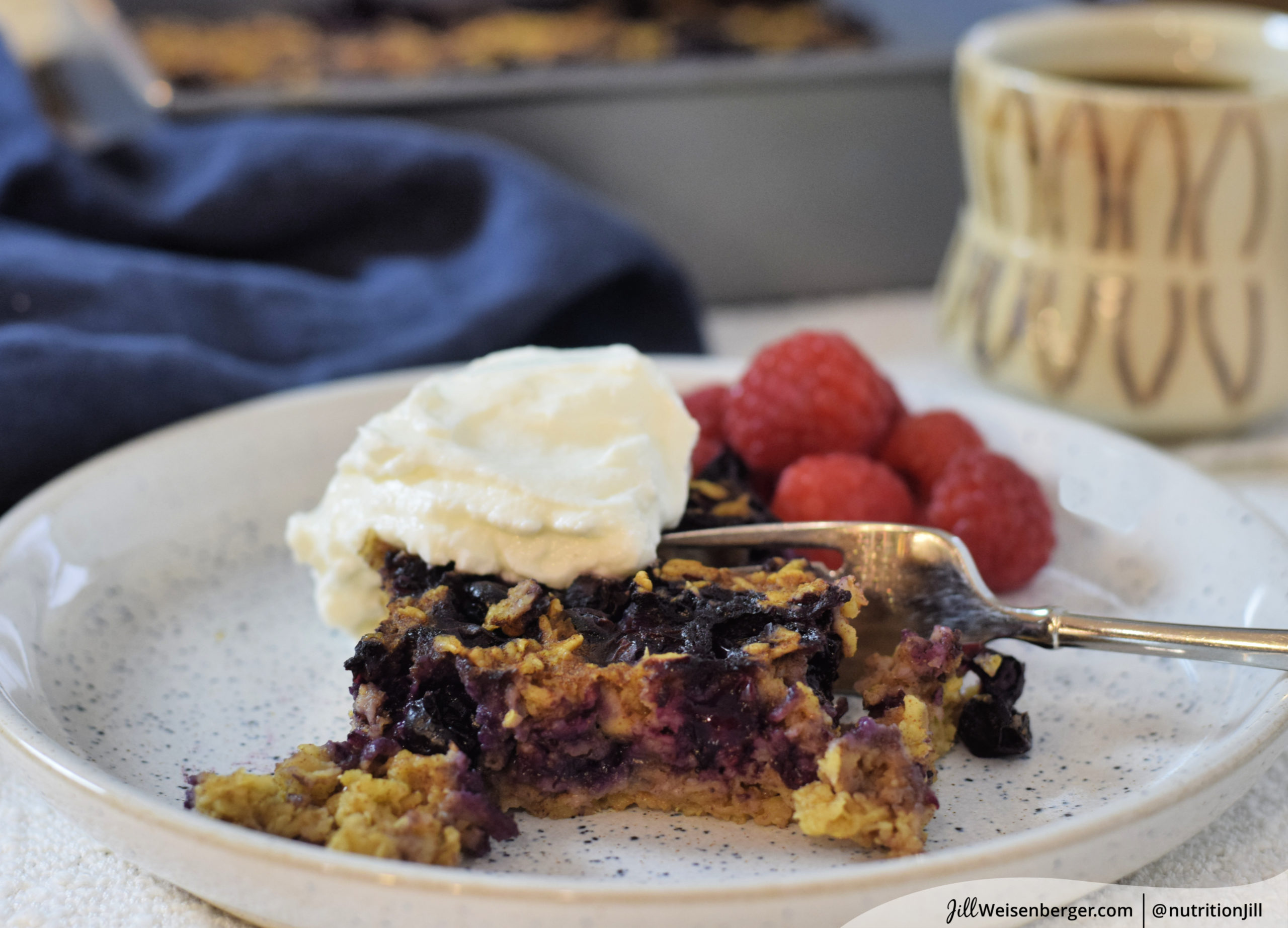 blueberry baked oatmeal recipe on plate with fork