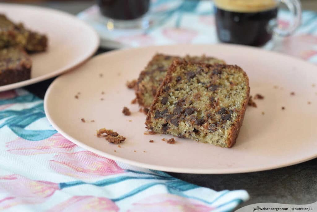 healthy chocolate chip banana bread on a pink plate