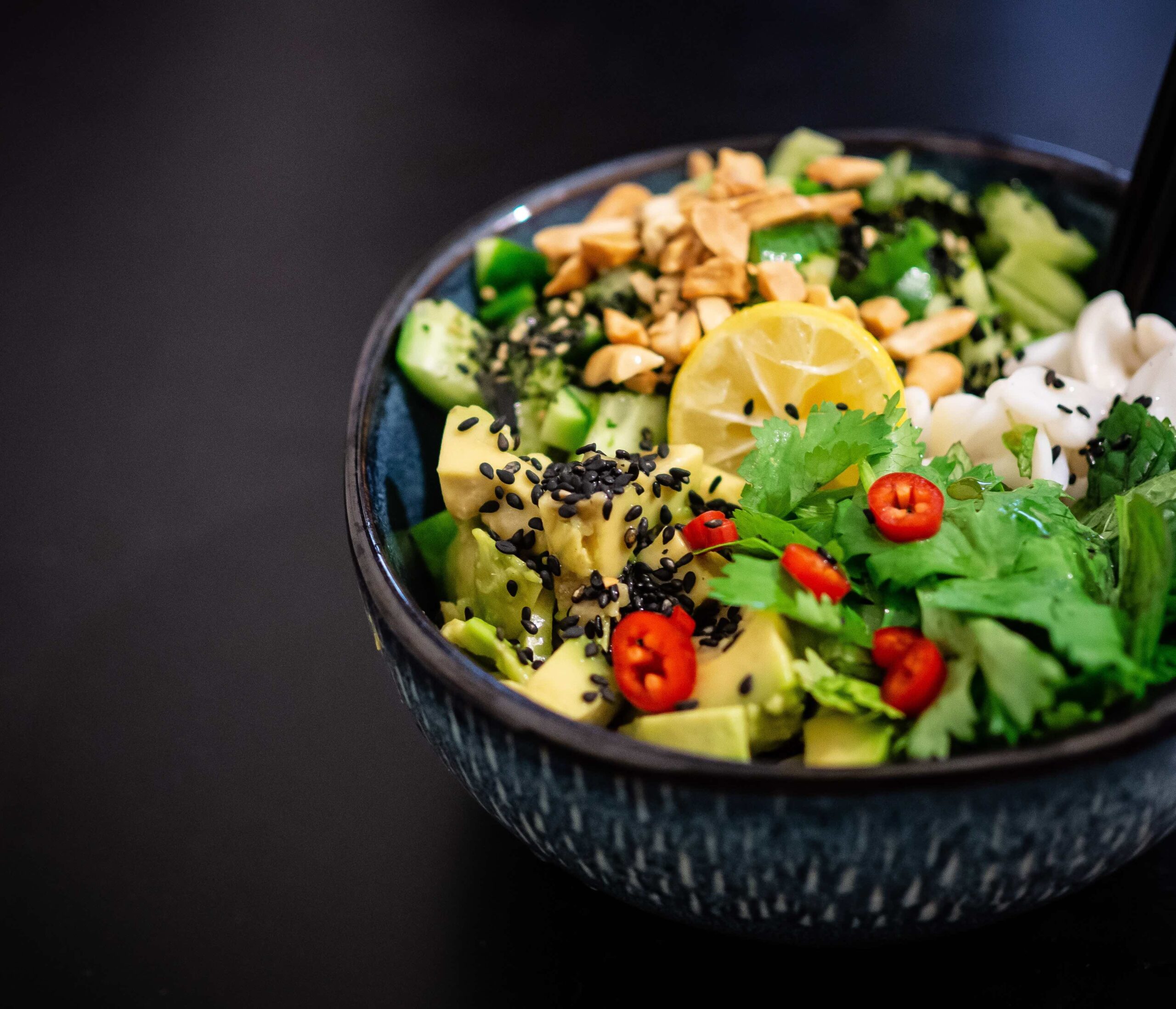healthy eating salad in grey bowl