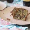 healthy chocolate chip banana bread on a pink plate